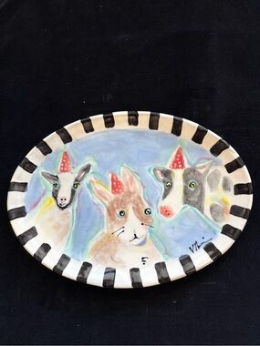 Handmmade Ceramic Serving Tray “Barnyard Buddies Design On Blue 13”x10”Original